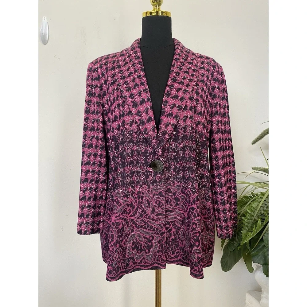 NWT Misook‎ Pink Black Houndstooth Floral Knit Blazer Jacket Cardigan XL, $398